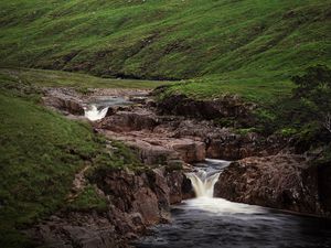 Превью обои холмы, ручей, вода, каскад, природа, пейзаж