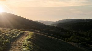 Превью обои холмы, тропинка, солнце, природа, пейзаж