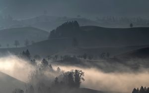 Превью обои холмы, туман, деревья, пейзаж, природа