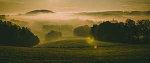 Превью обои холмы, туман, луг, деревья, пейзаж, природа