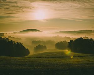Превью обои холмы, туман, луг, деревья, пейзаж, природа
