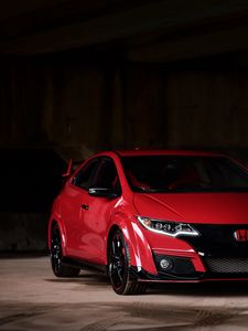 Превью обои honda fk2, honda, машина, красный, вид спереди, парковка, темный