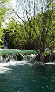 Превью обои хорватия, река, водопад, деревья, ясно, лето