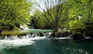 Превью обои хорватия, река, водопад, деревья, ясно, лето