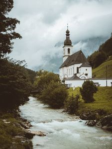 Превью обои храм, архитектура, вода, строение, кусты