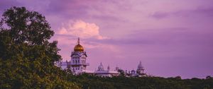Превью обои храм, деревья, закат, облака, горизонт