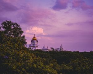 Превью обои храм, деревья, закат, облака, горизонт