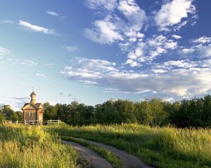 Превью обои храм, дорога, проселочная, поле, деревья