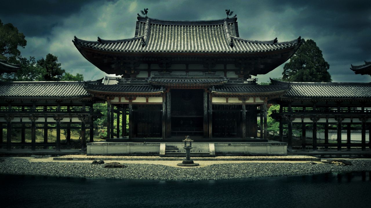 Обои храм, феникса, ансамбль, бёдоин, япония, киото, архитектура, здание, пруд, деревья, хмурое, небо