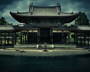 Превью обои храм, феникса, ансамбль, бёдоин, япония, киото, архитектура, здание, пруд, деревья, хмурое, небо