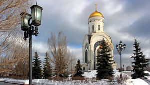 Превью обои храм георгия победоносца, храм, город, москва, россия, зима