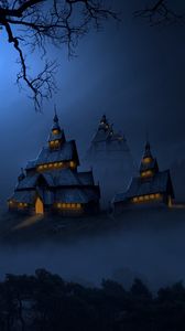 Превью обои храм, ночь, туман, арт, здания, темнота