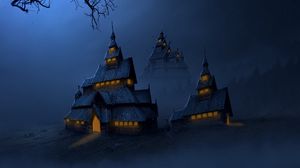 Превью обои храм, ночь, туман, арт, здания, темнота