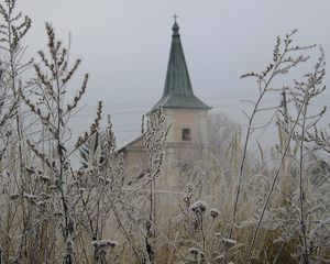 Превью обои храм, осень, трава, заморозки