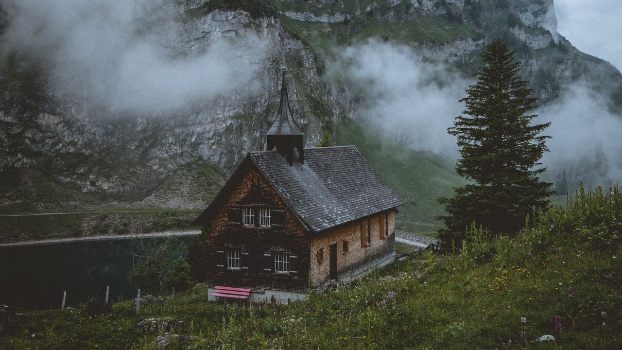 Обои храм, церковь, озеро, горы, вольфеншиссен, швейцария