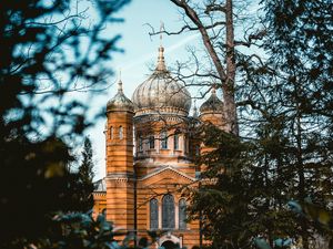 Превью обои храм, ветки, архитектура, небо