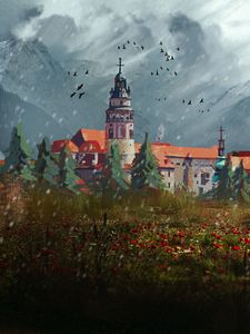 Превью обои храм, здание, архитектура, пейзаж, арт
