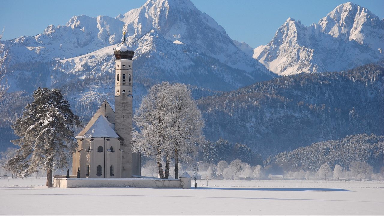 Обои храм, зима, горы, белый, снег