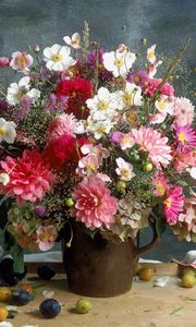 Превью обои хризантемы, цветы, букет, ваза, сливы, натюрморт