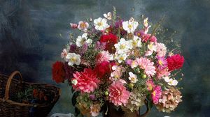 Превью обои хризантемы, цветы, букет, ваза, сливы, натюрморт