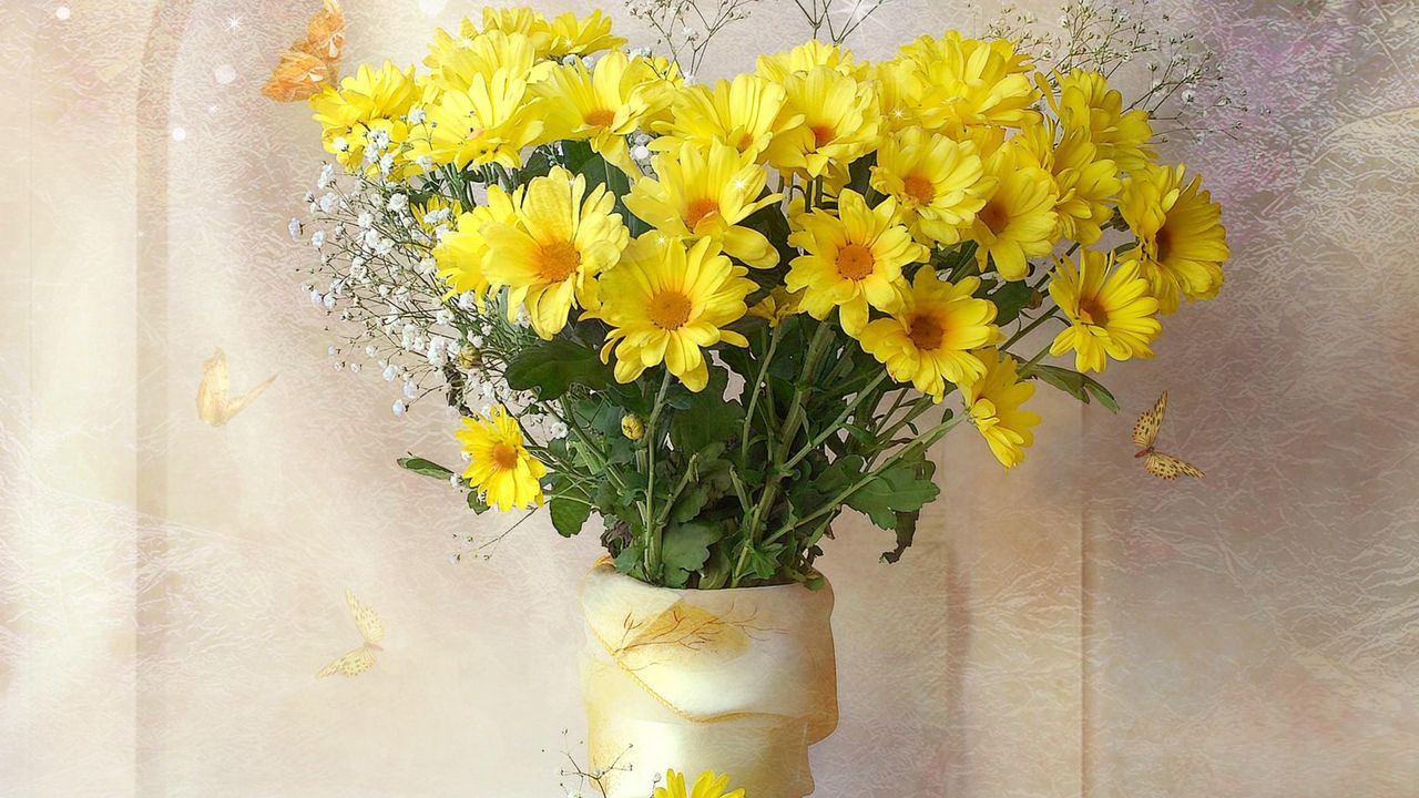 Обои хризантемы, желтые, цветы, букет, гипсофил, ваза