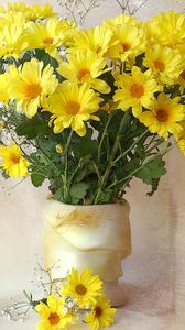Превью обои хризантемы, желтые, цветы, букет, гипсофил, ваза