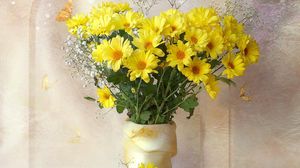 Превью обои хризантемы, желтые, цветы, букет, гипсофил, ваза
