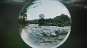 Превью обои хрустальный шар, шар, сфера, отражение, река