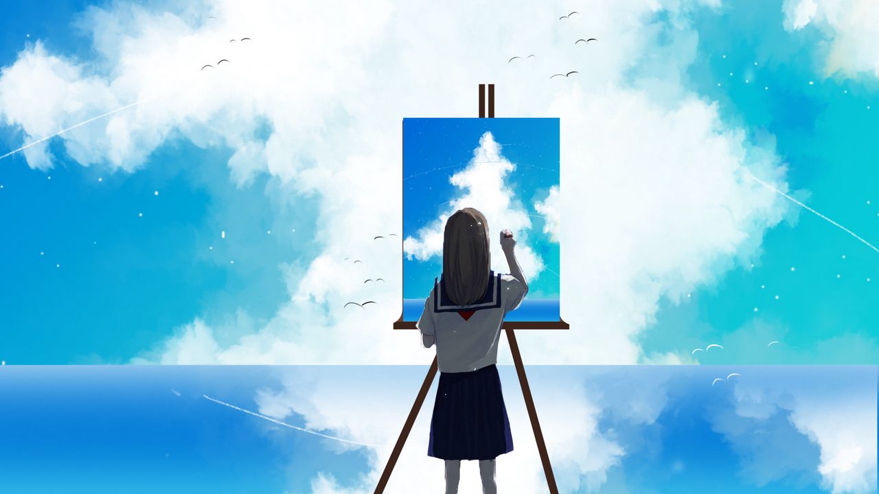 Обои художник, небо, облака, арт, холст, рисовать