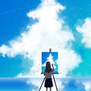 Превью обои художник, небо, облака, арт, холст, рисовать