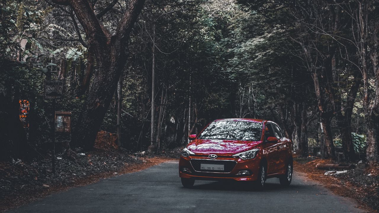 Обои hyundai i20, hyundai, лес, дорога