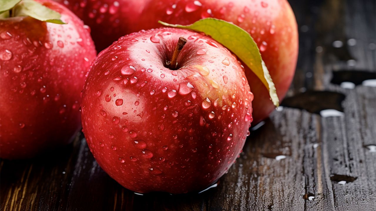 Обои яблоки, капли, вода, фрукты, макро