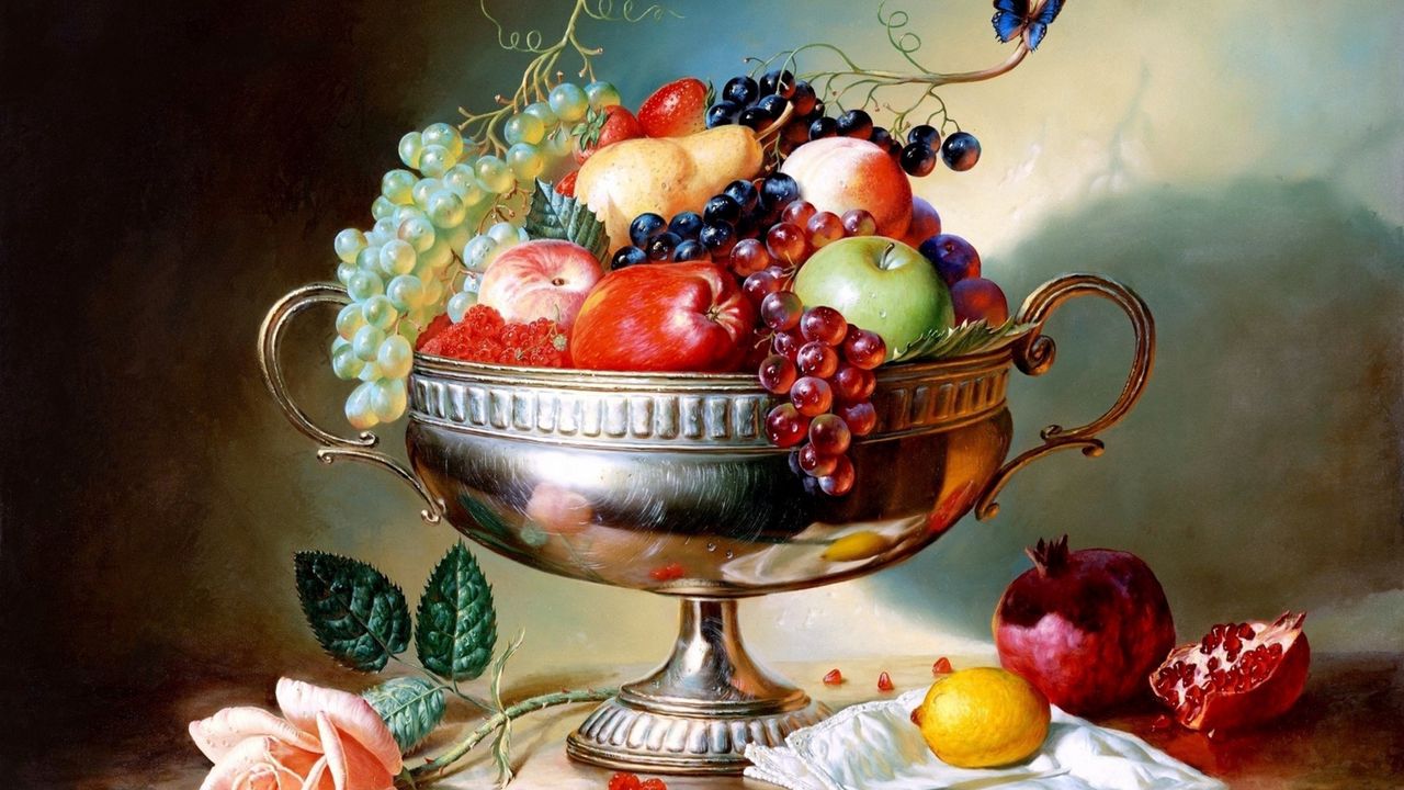 Обои яблоки, ваза, фрукты, гранат, виноград
