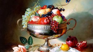 Превью обои яблоки, ваза, фрукты, гранат, виноград