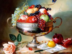 Превью обои яблоки, ваза, фрукты, гранат, виноград