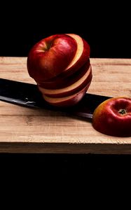 Превью обои яблоко, фрукт, дольки, нож