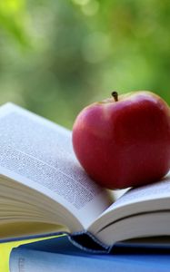 Превью обои яблоко, книга, блики, размытость