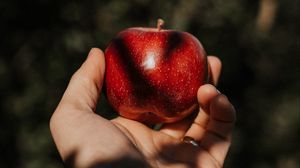 Превью обои яблоко, рука, фрукт, красный
