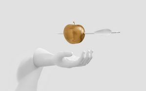 Превью обои яблоко, стрела, рука, скульптура, минимализм