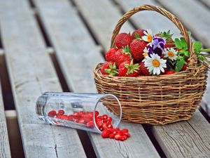 Превью обои ягоды, клубника, земляника, корзина, цветы, ромашки, анютины глазки, стакан