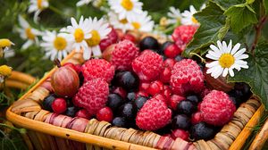 Превью обои ягоды, малина, крыжовник, смородина, ромашки, корзина