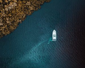 Превью обои яхта, море, деревья, берег, вид сверху