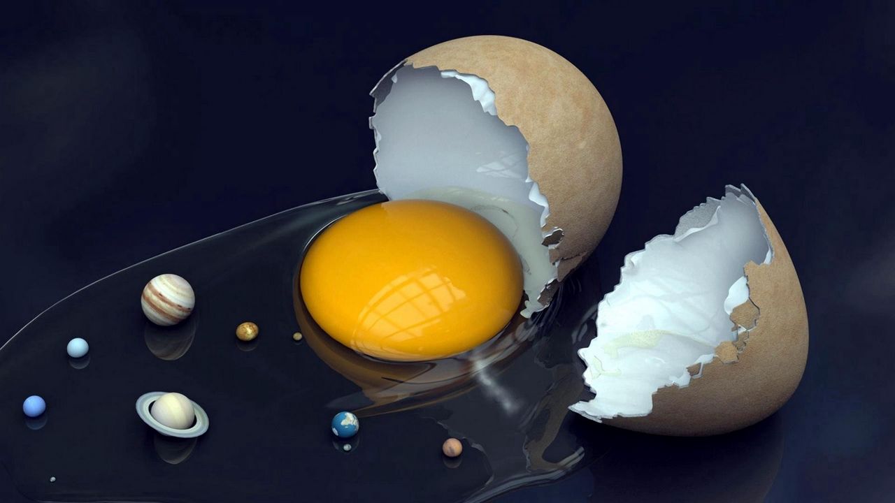 Обои яйцо, разбитый, желток, белок, скорлупа, планеты