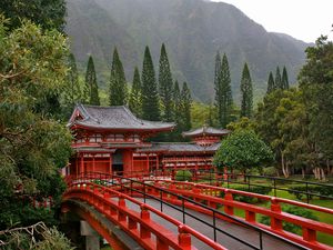 Превью обои япония, мост, деревья, красный, горы, архитектура
