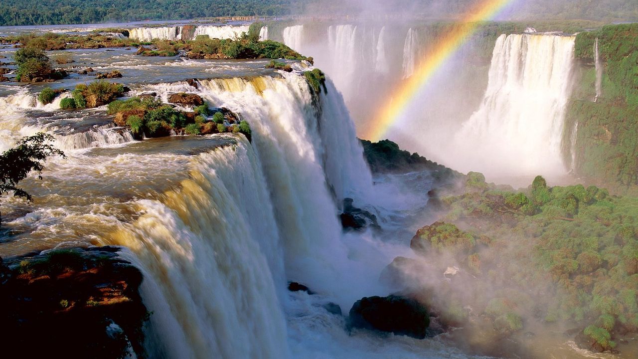 Обои iguassu falls, аргентина, водопад, радуга, растительность