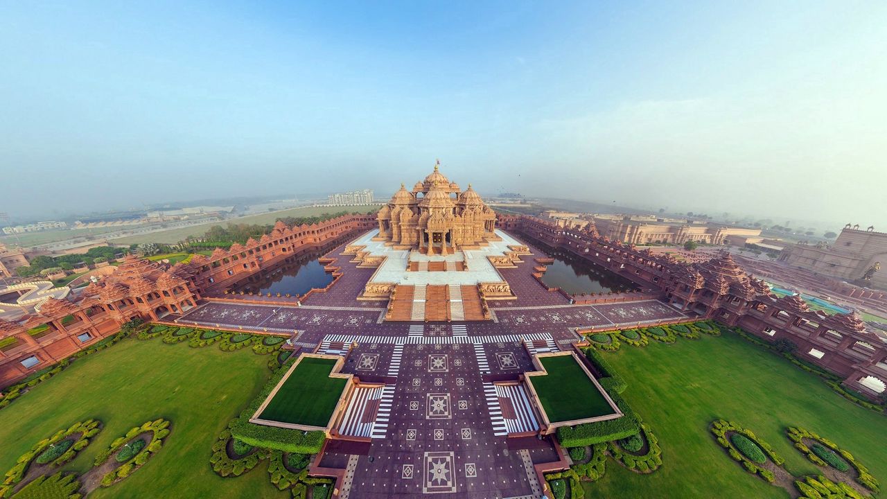 Обои индия, храм акшардхам, красиво, вид сверху, панорама