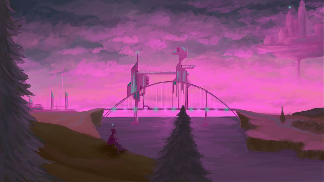Обои инопланетянин, мост, арт, небо, дерево, фантастический