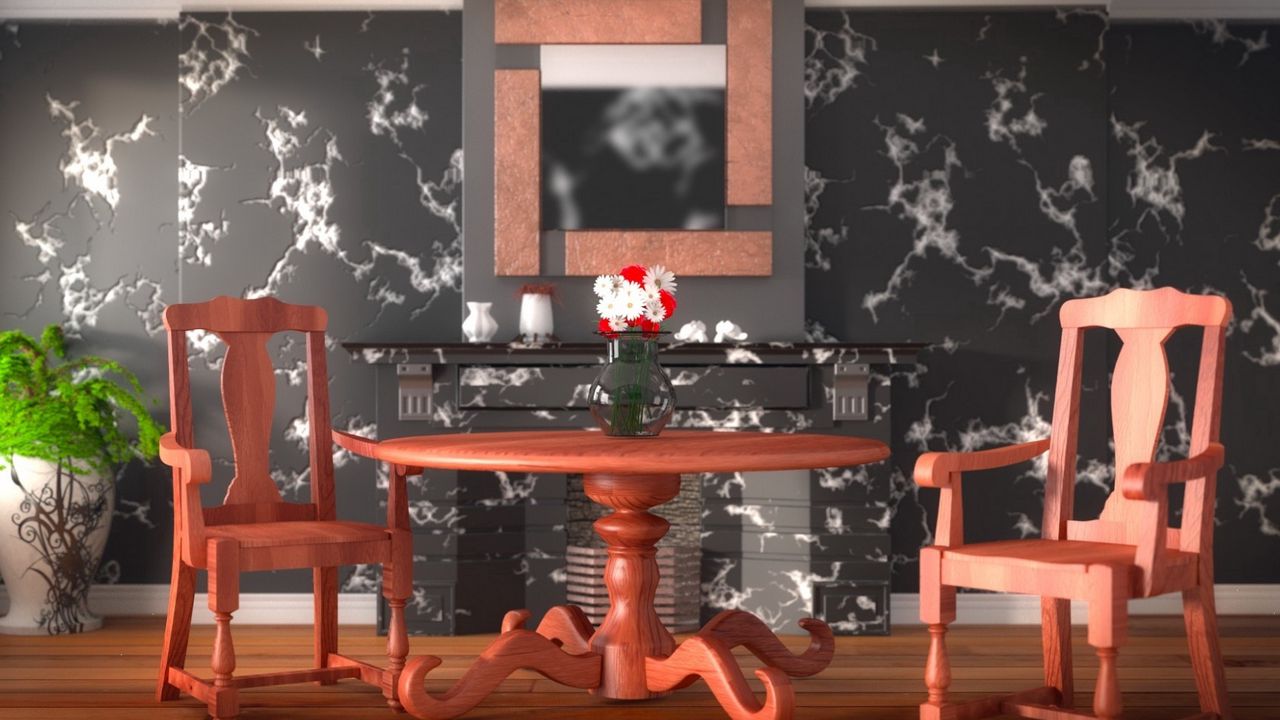 Обои интерьер, дизайн, стиль, комната, мебель, стол, стулья, цветы