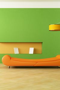Превью обои интерьер, дизайн, стиль, минимализм, комната, диван, оранжевый, лампа, вазы