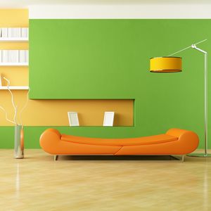 Превью обои интерьер, дизайн, стиль, минимализм, комната, диван, оранжевый, лампа, вазы